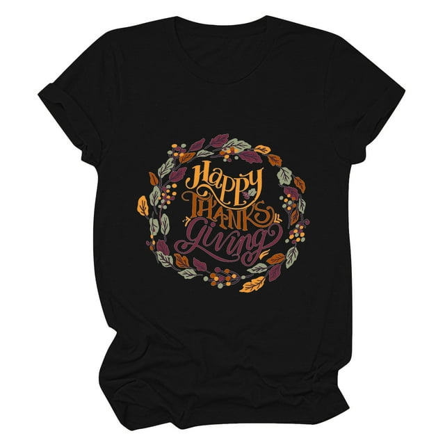 Camisas de Acción de Gracias Para Mujer Casual Cuello Redondo Manga Corta Camiseta Estampada Top Odeerbi ODB122438