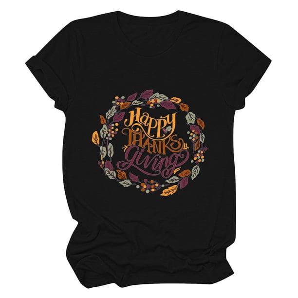 Camisas de Acción de Gracias Para Mujer Casual Cuello Redondo Manga Corta Camiseta Estampada Top Odeerbi ODB122439