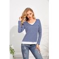 thumbnail image 3 of Camisas casuales de manga larga a rayas de punto elástico para mujer 2 en 1 blusa de otoño túnica TopsJeans Blue StripeSmall, 3 of 5