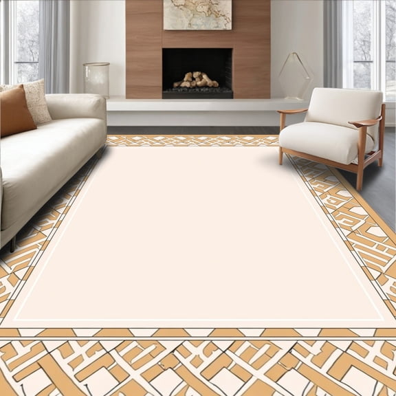 ODIKA 4'x6' Machine Washable Non-Slip Area Rug, Modern Trellis Lattice Interwoven Botanical Artistic High Traffic Rug, Beige, 478578