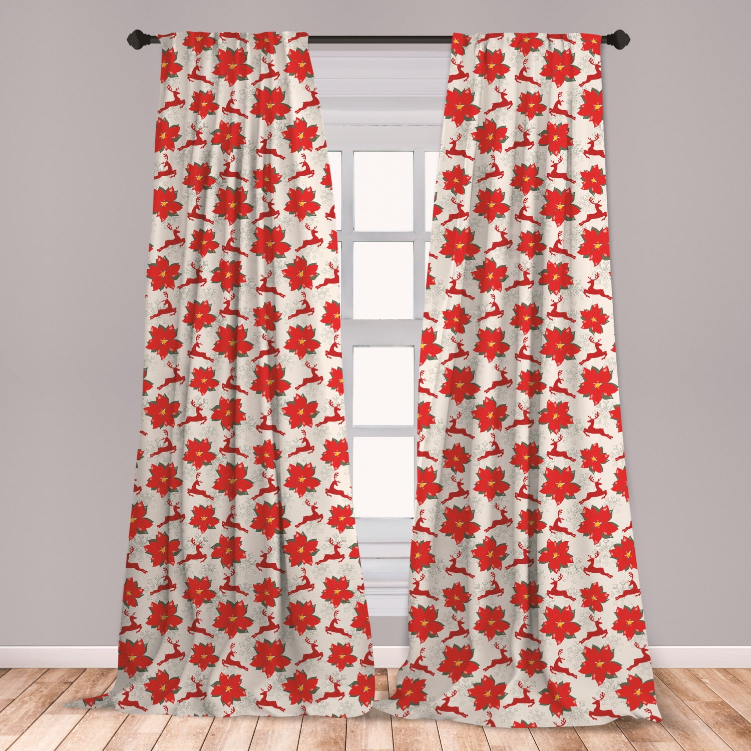 Christmas Curtains 2 Panels Set, Vibrant Poinsettia Flowers with