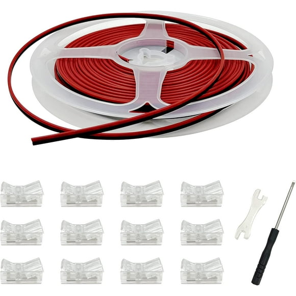 czcpp-12 Pack 8mm Cob Led Strip Light Connectors 2 Pin, Led Strip to Wire Solderless Transparent Track Lighting Adapter Connection with 6M/19.68ft Led Wire Extension Cable for White Led Tape 12/24V