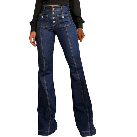 Endives Women's Flare Bell Bottom High Waist Jeans Vintage Stretch Denim Trouser With Pocket