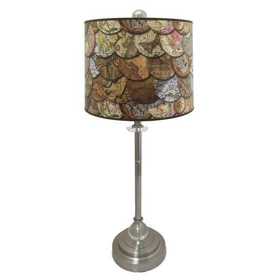 Royal Designs 28" Crystal and Brushed Nickel Buffet Lamp with Vintage Old World Maps Design Hard Back Lamp Shade