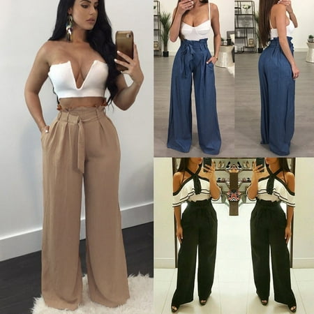 Women High Waist Palazzo Denim Look Wide Leg Long Pants Culottes