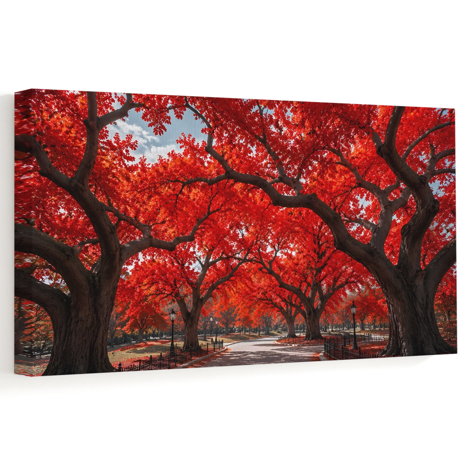 Red Tree Canvas Wall Art 40 x 20 Romantic Fall Rustic Path Park Fence Countryside Frame Picture Prints Ready to Hang Waterproof Artwork Decor for Living Room Above Sofa Entryway Hall