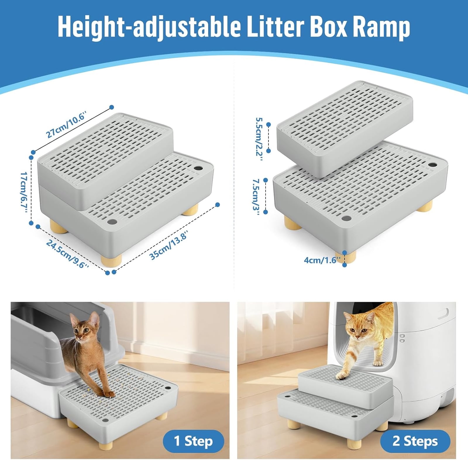 Petyoung Cat Litter Box Step,Cat Litter Catcher Mat with Wooden Feet, Filter Function, for Kitten & Elderly Cats (Light Grey)
