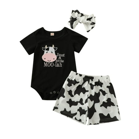 

Toddler Baby Boys Girls Cute Outfit Cow Printed Lovely Short Sleeve Casual Romper Shorts Hairband 3pcs Set Outfits Baby Clothing