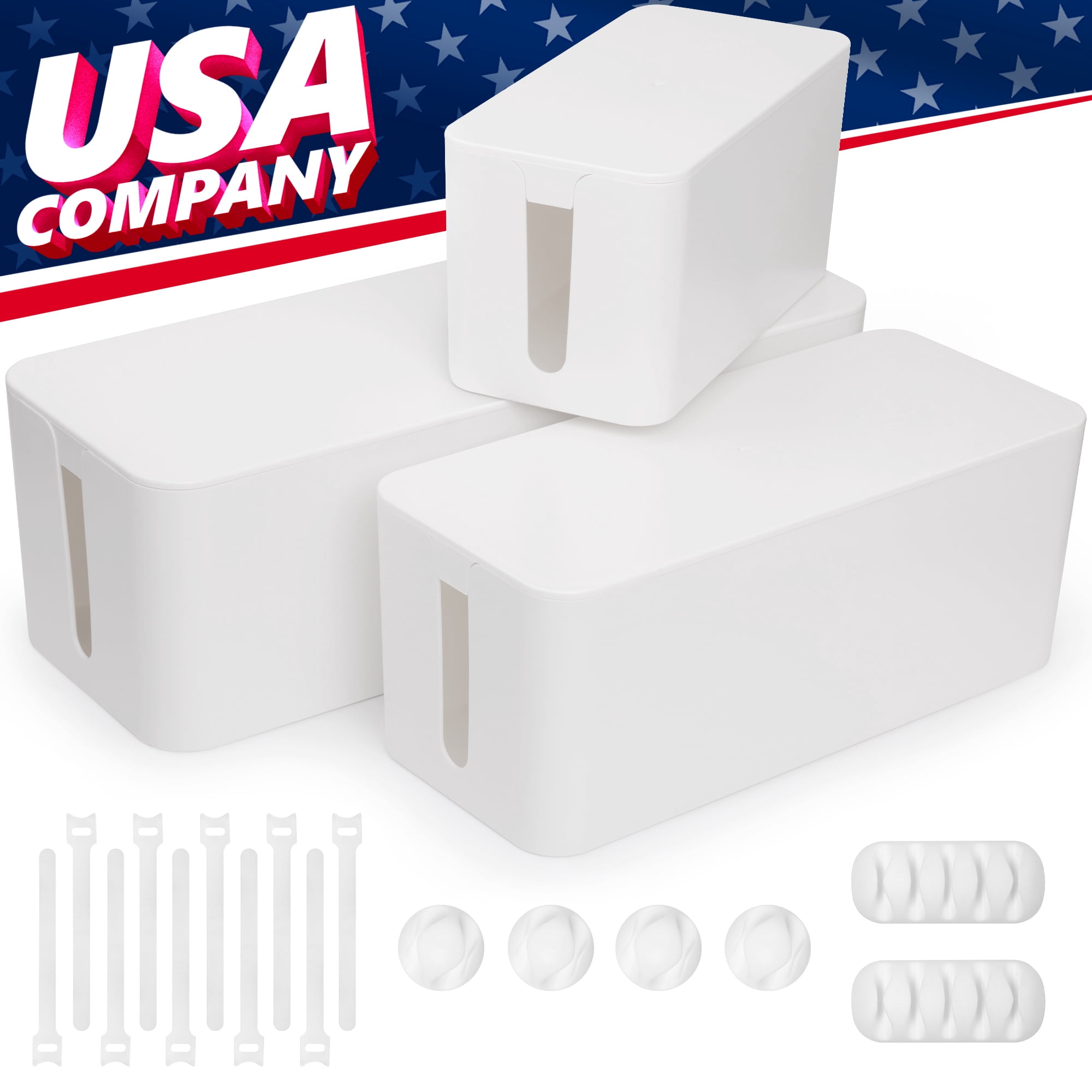 Cable Organizer Boxes, Kit of 3 White Management Boxes Size Small