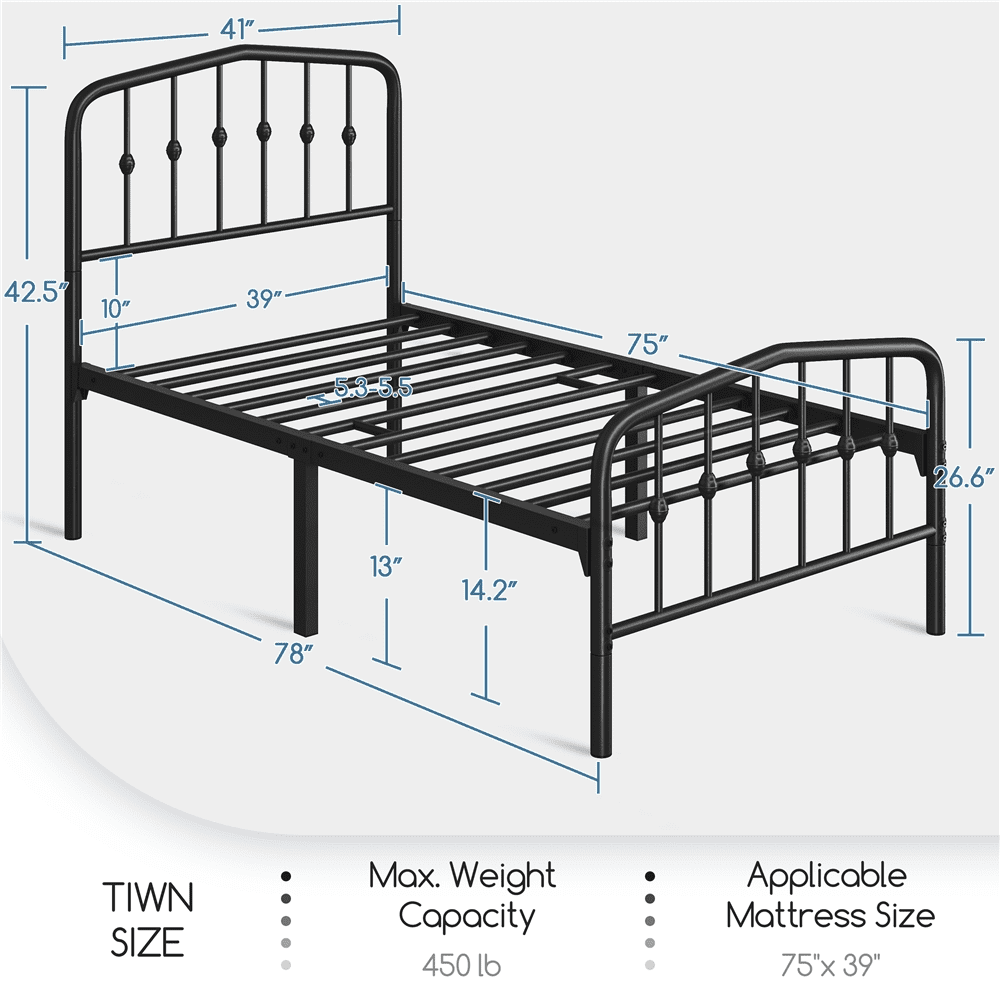 Renwick Modern Metal Platform Bed with Arched Headboard and Footboard for Adult, Twin, Black
