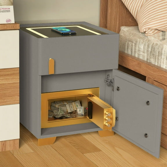 KPIBEST Bedside table with safe, LED light and wireless charging (light brown)