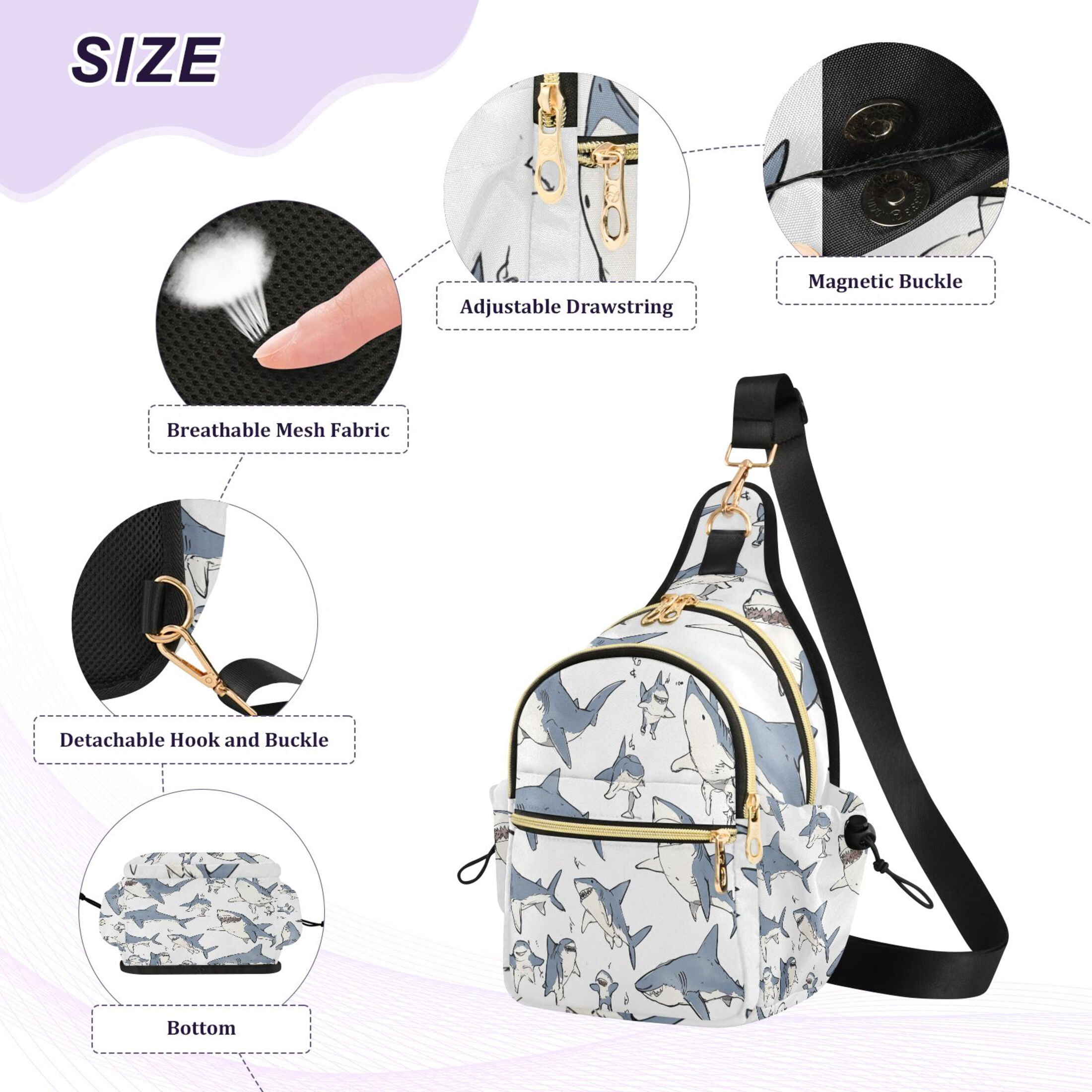 Crossbody Sling Bag for Women Shoulder Purse Trendy Daypack with Adjustable Strap Blue Shark with White Belly