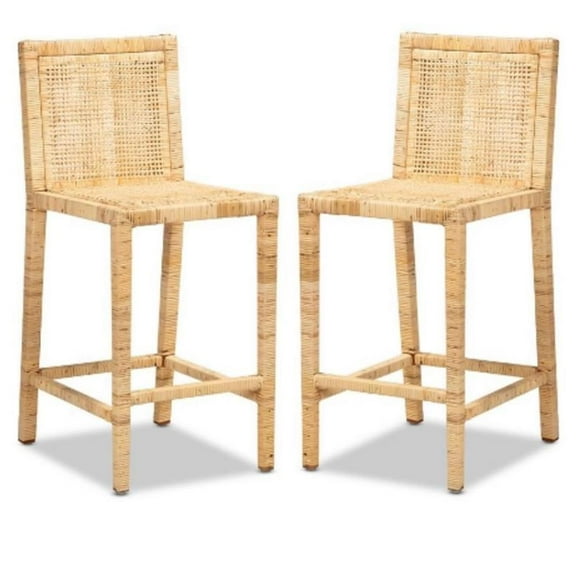Home Square Wood and Rattan Counter Stool in Natural Finish - Set of 2