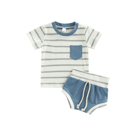 

Baby Boys 2 Pcs Summer Outfits Short-Sleeved Stripes Print Tee Top + Drawstring Triangle Shorts Set