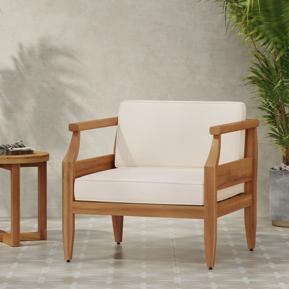 Euroco Outdoor Acacia Wood Club Chair with Water-Resistant Cushions – Open-Slat Back Patio Armchair, 400 lb Capacity