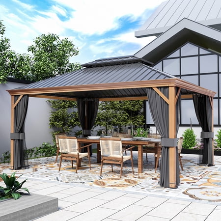 12 ft. x 16 ft. Double Roof Hardtop Wood Grain Aluminum Patio Gazebo with Netting and Gray Curtains