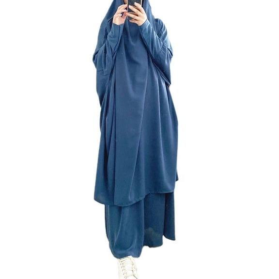 Womens 2 Pieces Muslim Prayer Dress Long Sleeve Hijab Scarf Khimar and Skirt Set Islamic Abaya Full Length Kaftan Robe