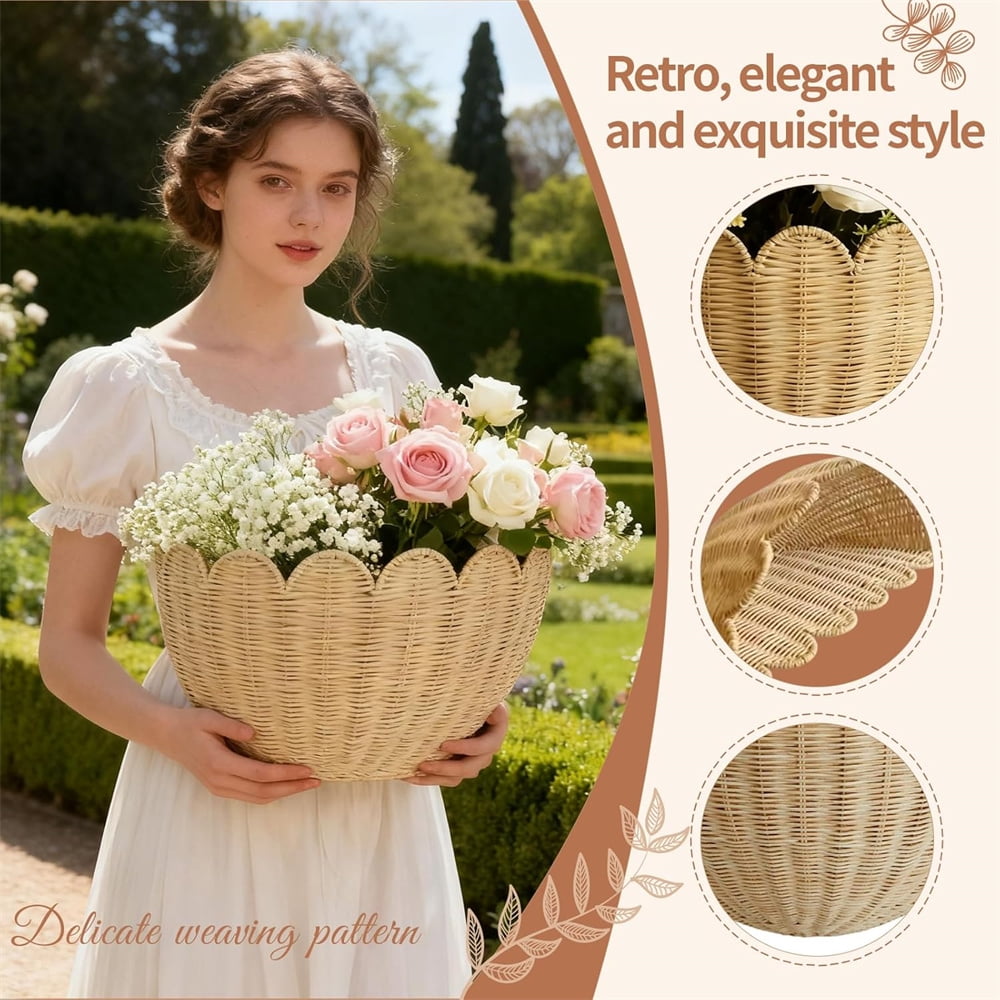 Duslogis Scalloped Wicker Wall Basket - Hand Woven Basket - Scalloped Décor Wall Hanging Baskets -14.2 x 7.8 x 5.7 Inch - Hanging Wall Basket