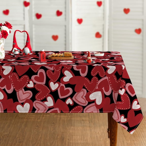 Valentine Tablecloth 60×84 Inch Rectangular, Red Love Hearts Black Washable Table Cover for Party Picnic Dinner Decor