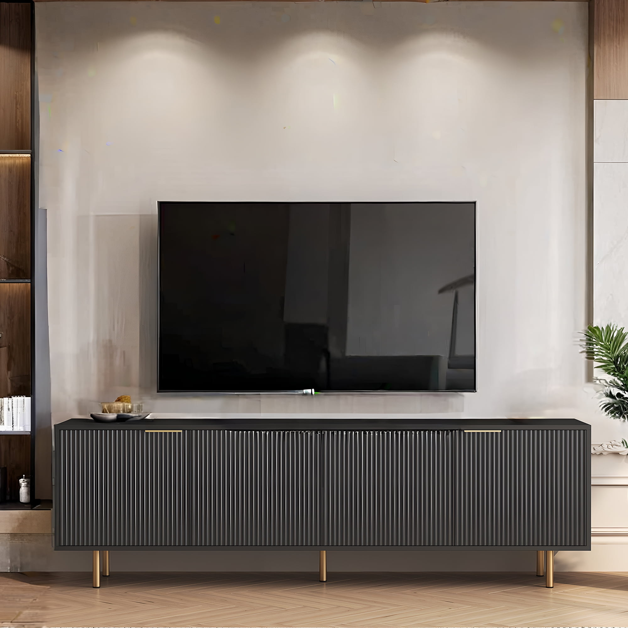 HIUU Black Modern Fluted TV Stands for Living Room, Entertainment Center with 4 Doors Cabinet Storage,Console Table Metal Adjustable Legs for 65''TV