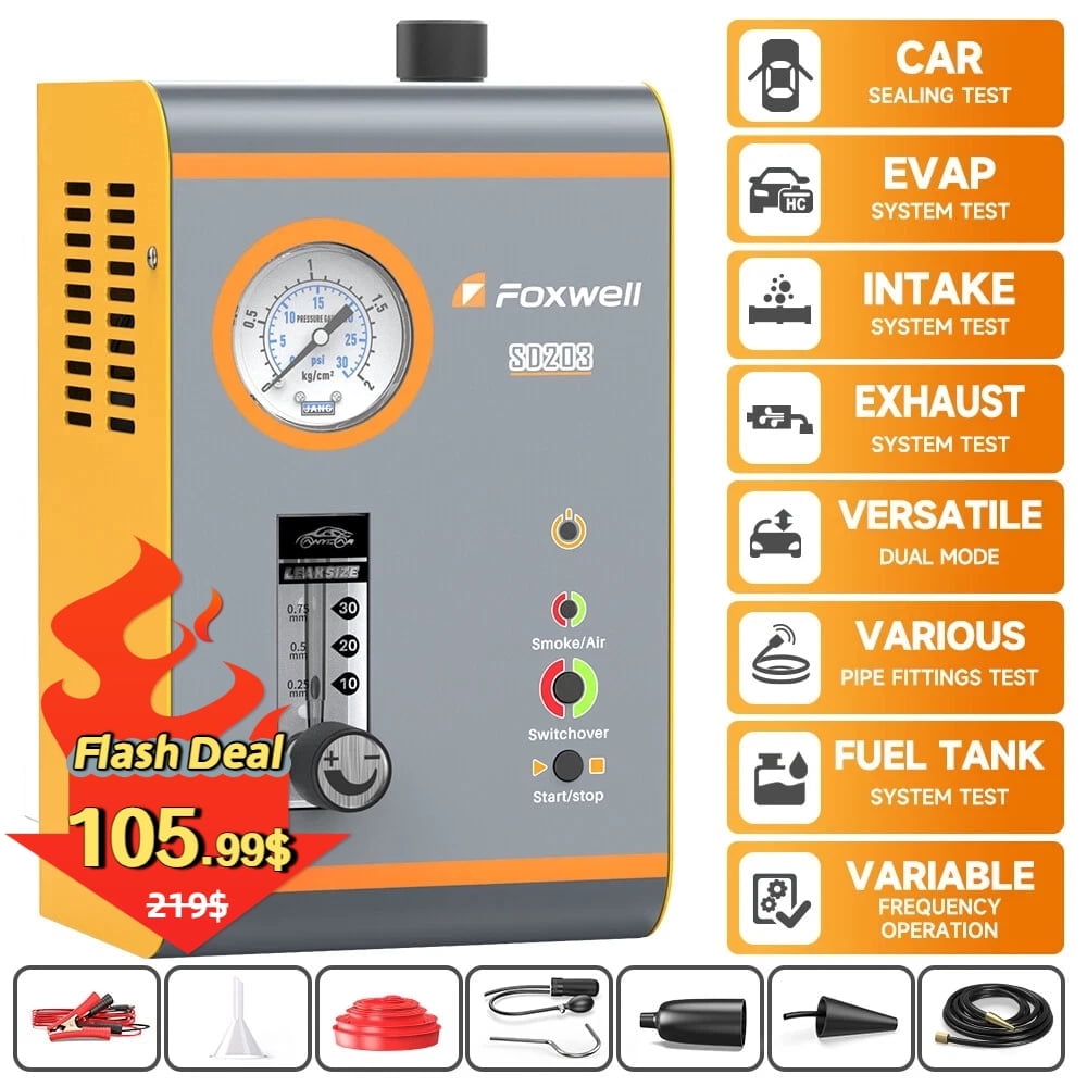 FOXWELL SD203 Automotive Smoke Machine with Pressure Gauge & Flow Meter, All Systems EVAP Vacuum Leak Detector