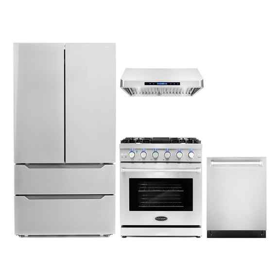 Cosmo 4 Piece Kitchen Appliance Packages with 30" Freestanding Gas Range 30" Under Cabinet Range Hood French Door Refrigerator & 48 Bottle Freestanding Wine Refrigerator Kitchen Appliance Bundles