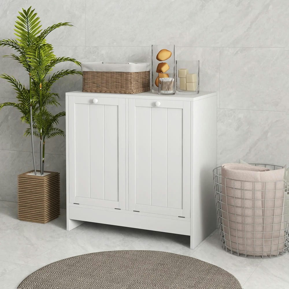 Barara King Laundry Hamper, Laundry Hamper Cabinet,Bathroom Tilt-out Laundry Storage Cabinet with 2 Compartment Hampers, White