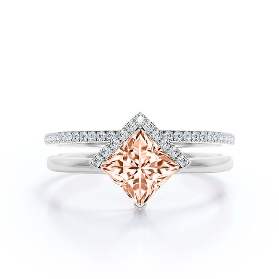 Boho & hippie 2.00 Carat Princess Cut Morganite And Diamond Moissanite Dainty Engagement Ring, Classic Wedding Ring, One Matching Band in 925 Sterling Silver With 18k White Gold Plating, Gift For Her