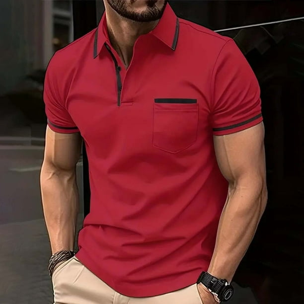pstuiky camisetas de hombre, Camiseta informal de color liso con solapa y botones y bolsillo versátil para hombre camisas casuales para hombre s