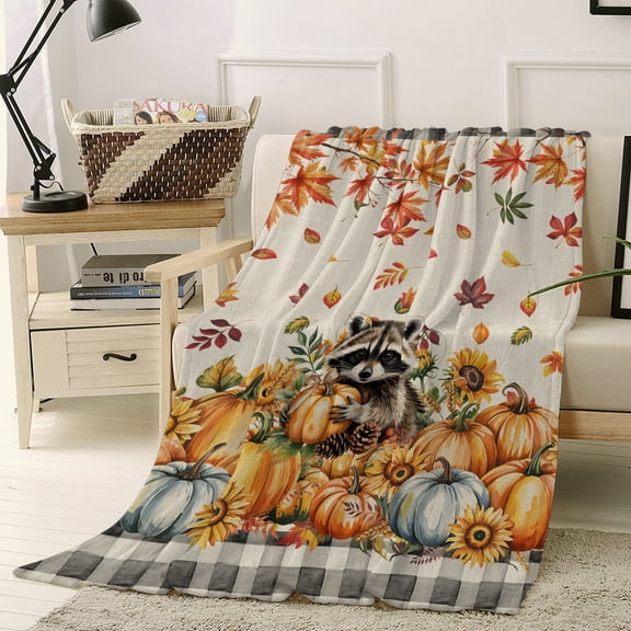 Throw Blanket Fleece Throw Blanket 30x40in, Thanksgiving Fall Pumpkin Raccoon Leaves Soft Lightweight Bed Blankets Retro Grey Plaid Fuzzy Couch Blankets for All Season