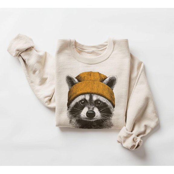 Retro Raccoon Wearing Beanie Sweatshirt - Sizes S-5XL ,Art Print JSC