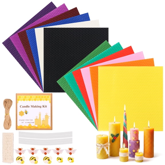 Beeswax Candle Making Kit for Kid Bee Wax 12 Sheet DIY Candle Rolling Supply for DIY Art Craft Project for Boy and Girl Includes Wick Ribbon Rope Bee Decor
