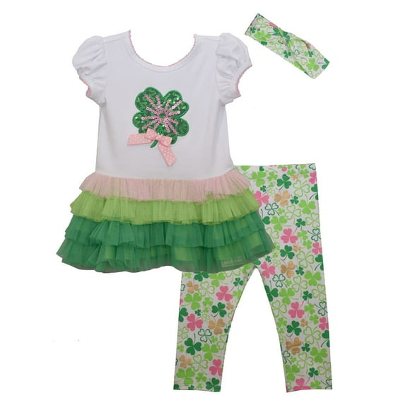 Bonnie Jean Girl's St Patrick's Day Shamrock Tutu Top and Leggings Set for Baby Toddler and Little Girls, Green and White, 12 Months