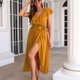 thumbnail image 4 of Vestido largo para mujer, cuello en V, cinturón, manga con volantes, envoltura lateral, vestido con dobladillo ancho de color puro para damas y niñas, amarillo S, 4 of 7