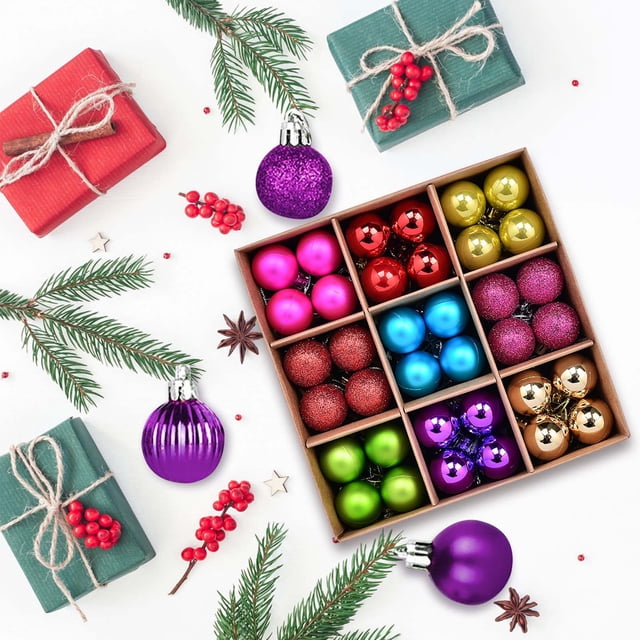 Fiudx Juego de Colgantes para Árbol de Navidad, Diseño Galvanizado, Colección de 72 Adornos, Plástico Duradero, Ideal para Hoteles, Fiestas, Bodas y Festividades, Tamaño de 3 Cm, Caja de Papel Kraft.