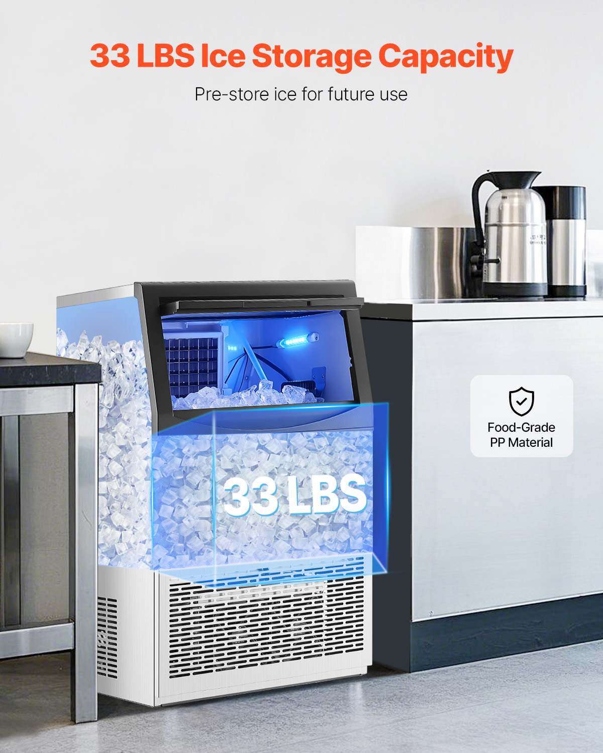 VEVOR Commercial Ice Maker Machine, 90lbs/24H Ice Maker Machine with 33lbs Storage Capacity, 50 Ice Cubes in 15 Minutes, LED Digital Display Freestanding Self-Cleaning
