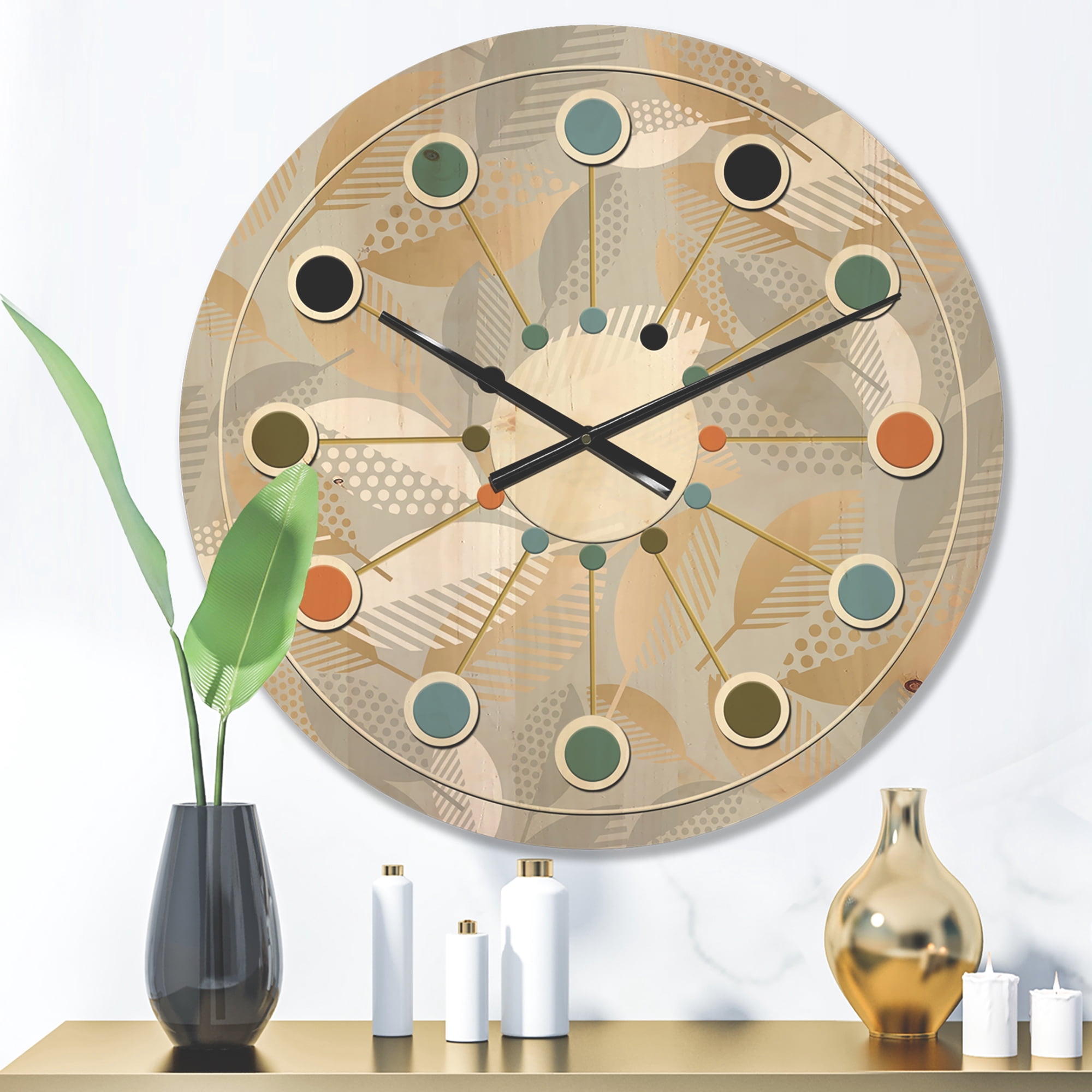 Designart 'Fall Leaves Pattern Luxury Geometric ' Mid-Century Modern Wood Wall Clock