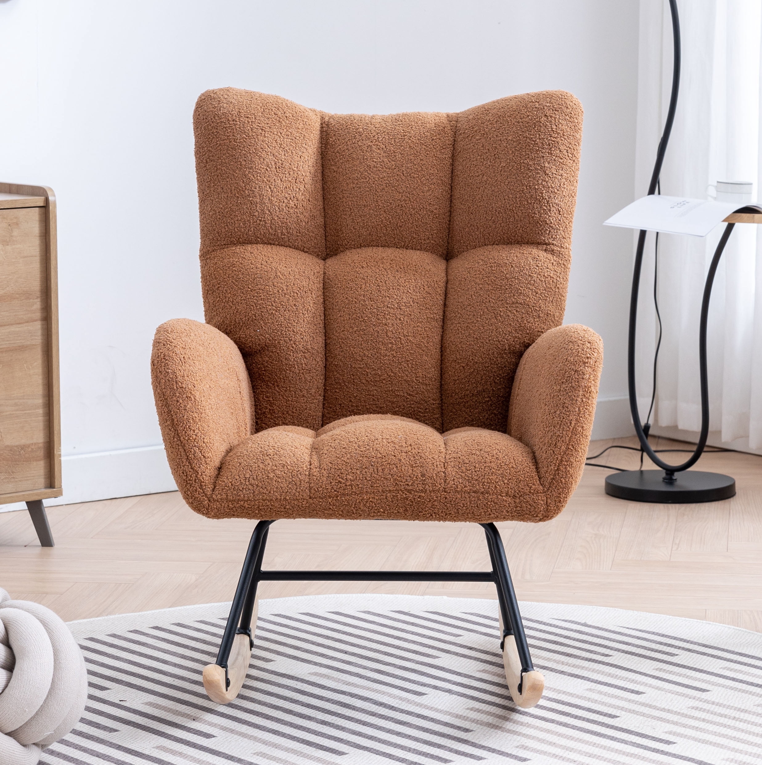 Rocking Chair Nursery,Teddy Upholstered Glider Rocker with High Backrest,Modern Rocking Accent Chairs Glider Recliner for Living Room, Nursery, Bedroom,Brown