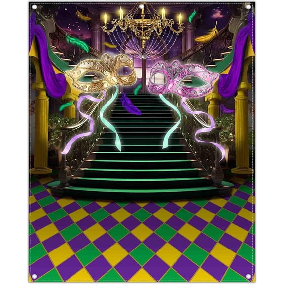 Mardi Gras Backdrop Mask Carnical Masquerade Photography Background Castle Dress-Up Purple Golden Party Decorations Banner Supplies Photo Booth Props