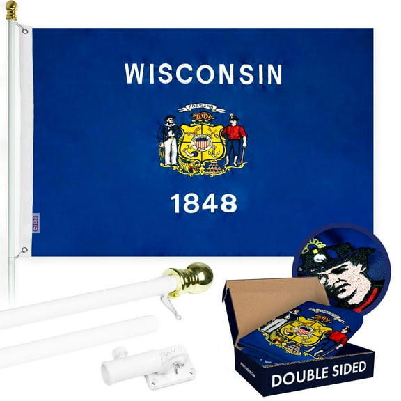 G128 - 6 Feet Tangle Free Spinning Flagpole (White) Wisconsin Double Sided Brass Grommets Embroidered 3x5 ft (Flag Included) Aluminum Flag Pole