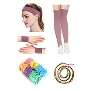 Angle View: Kimberlys Knit Women Neon 80s Leg Warmers Headband Wristbands Set and Colorful Hair Rope for Party (One Size, Red)