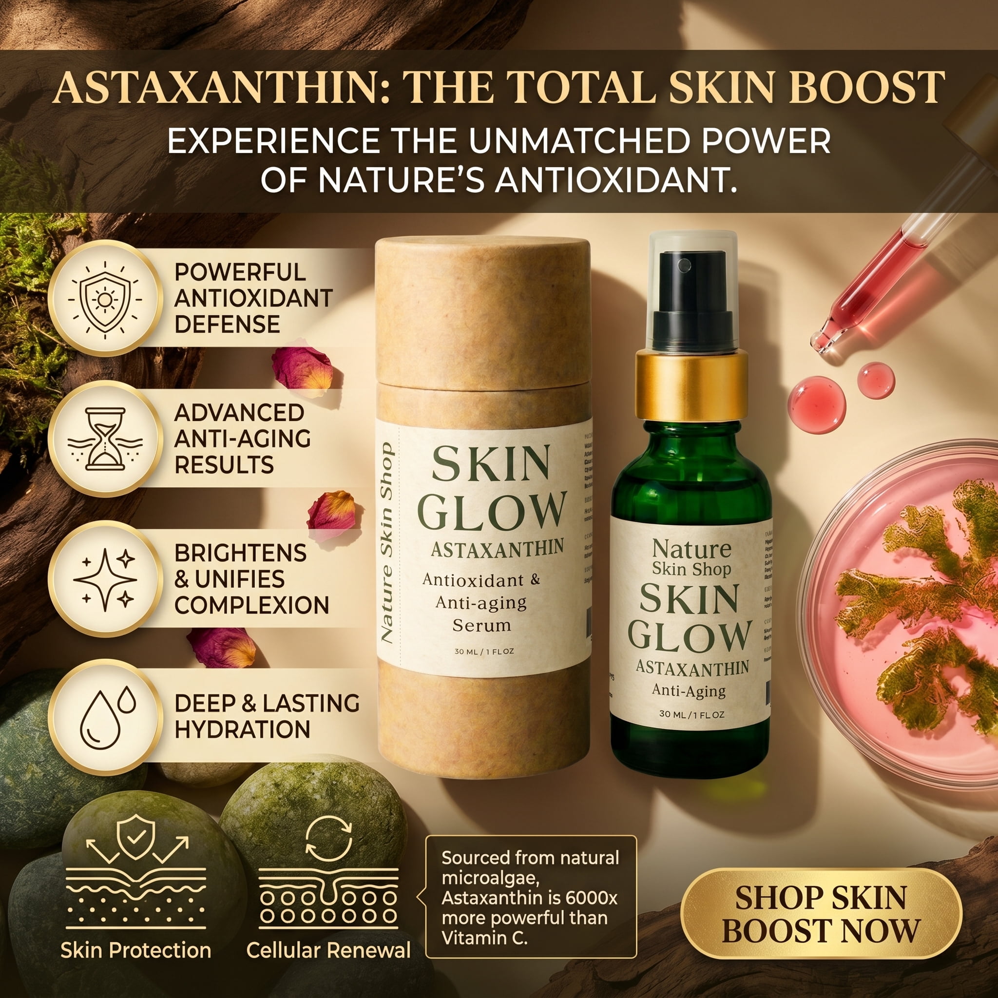 Nature Skin Shop Astaxanthin Radiance Boost Serum, Daily Antioxidant Face Serum for a Luminous Glow, 1 Ounce