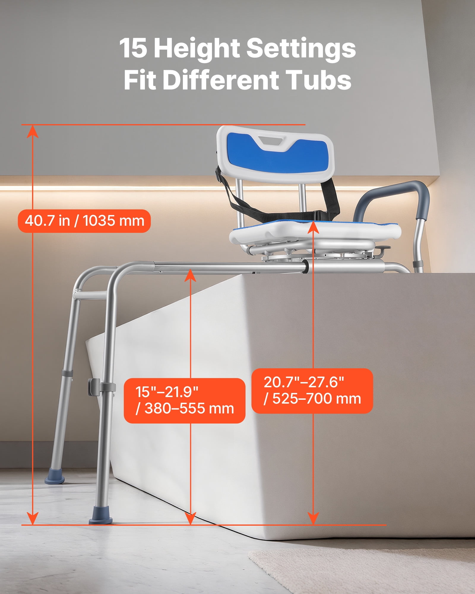 VEVOR Sliding Shower Chair, 400 lbs Tub Transfer Bench for Bathtub with Swivel Seat, Padded Shower Bench with Arms and Backrest, Height Adjustable for Handicap, Adults, Seniors, Elderly and Disabled