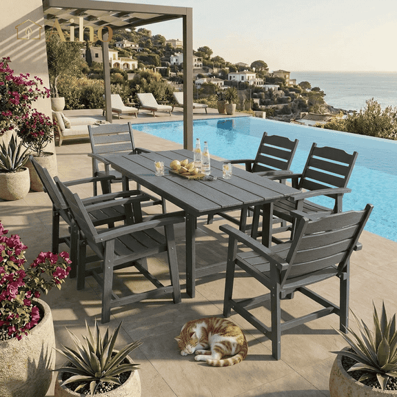 Aiho 7-Piece HIPS Patio Furniture Set with Umbrella Hole, Outdoor Dining Set for 7, Patio Table and Chairs set for Patio, Lawn, Backyard, Garden, Poolside - Gray