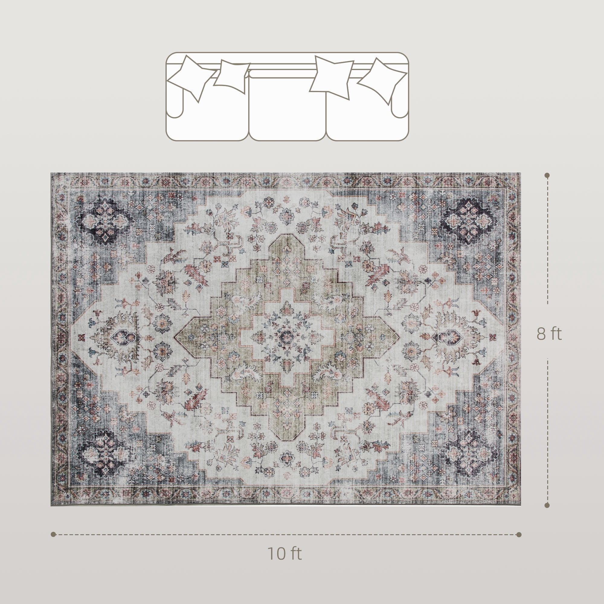 8' x 10' Brown & Green Flannel Faux Fur Area Rug with Intricate Stitched Edges & Anti-Slip TPR Backing, Pet-Friendly Soft Floor Carpet for High Traffic Living Room, Hallway