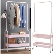 TFCFL 2 in 1 Garment Rack, Clothing Rack with 2 Tier Metal Basket & Casters, Rolling Storage Cart Clothes Organizer, Heavy-Duty Metal Clothing Rack for Hanging Clothes, Dresses, Coats (Pink)