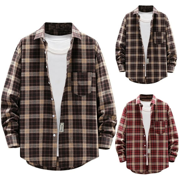 Jinhomg Button Up Shirt for Men Long Sleeve Plaid Shirt Jacket Casual Lightweight Cotton Shirts Coats with Pocket Red,XXXXXL