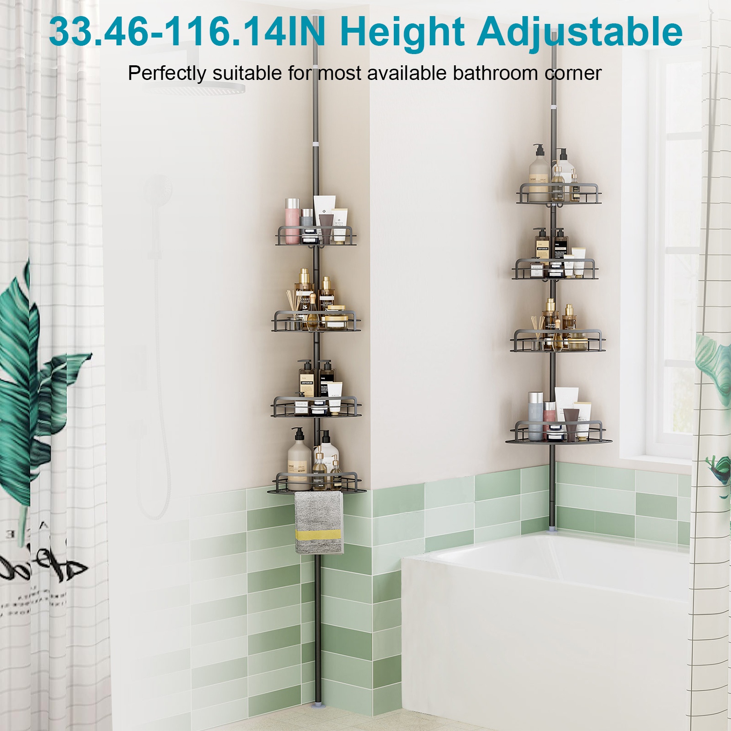 Corner Shower Caddy Tension Pole, Rust-Free Bathroom Shower Organizer Corner for Bathtub Shampoo Storage, 4-Tier Adjustable Shelf, Drill Free, Quick Setup, Black