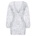 thumbnail image 4 of IROINNID Formal Dress for Women Wedding Guest Evening Party Formal Dress Solid s Comfy Long Sleeve V -Neck Sequin Out Slim Mini Dress,White, 4 of 6