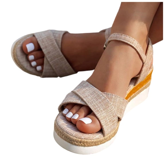 Rokment Womens Linen Platform Wedge Dressy Sandals Ladies Beach Breathable Open Toe Ankle Strap Espadrilles Chunky High Heels Dress Summer Shoes for Bride Wedding Beige Size 6.5